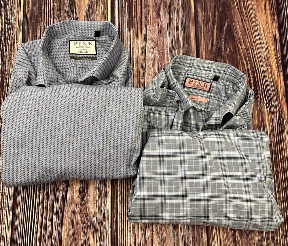 Lot of 2 THOMAS PINK Button Down Slim Fit Dress Shirts Mens Size 17.5